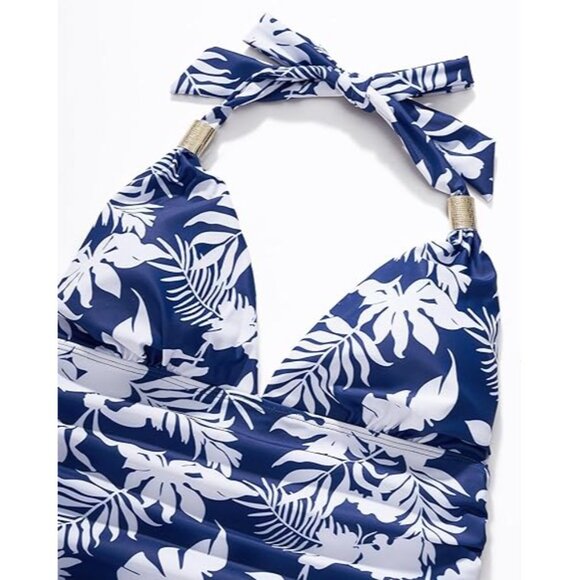 Suukess Gold Metal Sliders Floral Halter High Waisted Swimsuit Size Large - Picture 5 of 13